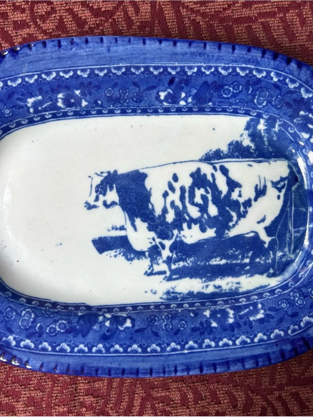 Antique Blue and White Cow Motif Oval Dinnerware Platter/Plate 10.5” x 7.75”